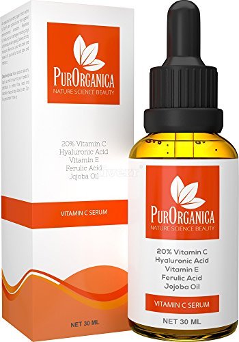 PurOrganica Vitamin C Serum for Face - Premium 20% Vitamin C with Hyaluronic Acid - Top Anti Wrinkle, Anti Ageing Face, Eye and Neck Organic Serum - Professional Grade 30ML Bottle - Works or Your Money Back Guarantee