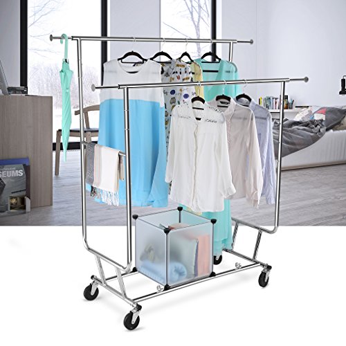 LANGRIA Zusammenklappbar Kleiderständer Rollbar Garderobenständer mit 2 Verstellbare Kleidertange, 4 Omnidirektionalen Rädern, Halten bis 250 lbs (55,1 bis 65,0 “ H x 50,4-74,0 “ W x 21.7 “ D), Chrom-Finish - 3