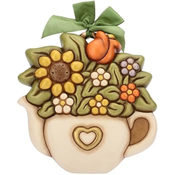 THUN Formella Blumen Wanddekoration - Handbemalte Keramik Mit Grünem Band | 11x11cm