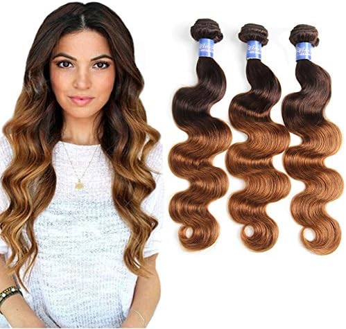 Ombre Brazilian Virgin Hair Body Wave, Elees Remy Human Hair 2 Tone, Ombre Hair Extensions, Weave Weft With Mixed Length 7A Grade (16 18 20, T4/30)