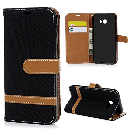 Lanveni A5 2017 Hülle, Handyhülle für Flip Case Cover Denim+PU Lederhülle Schutzhülle Magnetverschluss Ledertasche mit Stander Function Brieftasche Card Slot Handy Tasche mit Bunte Gemalt Design für Samsung Galaxy A5 2017 Hülle (Schwarz) + 1 x Stylus Stift + 1 x Schutzfolie - 3
