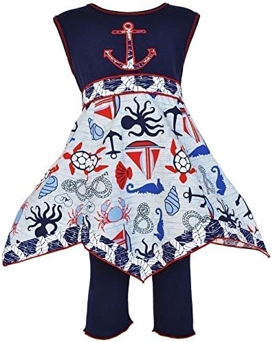 AnnLoren Baby Girls Blue Seaside Nautical Hanky Dress Legging Outfit Set 12-18M