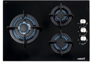 CATA CCI 5003 BK – Plaque de Cuisson gaz 3 foyers (3,5 KW Triple Couronne, 1,75 KW Semi-Rapide, 1 KW auxiliaire), Surface Verre Noir, grilles Fonte, Largeur 59 cm