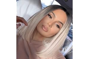 VEBONNY Gemischte Blonde Synthetikperücken, Ombré Braune Wurzeln, Natürlich aussehende Kurzhaarperücke im Bob-Stil, Gerade geschnittene, stumpfe, seidig glatte Perücke, 25 cm, Vebonny-103