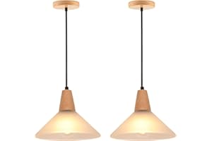 LIGKIN 2 Pezzi Lampadario a Sospensione in Vetro Vintage E27 Lampadari Industriale Ø23cm Paralume in Vetro Cavo Regolabile Lampade da soffitto Legno per Cucina Sala da Pranzo Sala Caffè