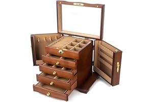 hzexun Wooden Jewelry Box for Women, Solid Wood Organizer with Combo Lock for Jewelries, Necklaces, Rings, Vintage Style Storage Box with Mirror