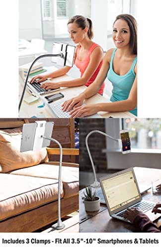 abovetek Heavy Duty Aluminium Schwanenhals Tablet Arm iPad iPhone Schreibtisch Halterung, mit 3 Klemmen Passform 8,9 cm ~ 25,4 cm iPad mini Air iPhone 6 6S + 7 7 Plus Samsung Galaxy S7 Note5, solider Boden Leicht Bend stark und flexibel Arm, Best Tablet Handy Desktop Ständer für Büro Küche Bett - 3
