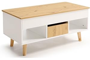 HOGAR24 ES - Mesa Centro Elevable con Cajón Deslizante y Huecos de almacenaje, Color Blanco y Madera. Medidas: 100cm x 50cm x 45cm.
