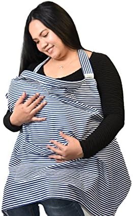 Breastfeeding Cover - Apron Style Flexible Boned Neckline with a Pocket - 100% Natural Soft Cotton - Fuller Coverage - Breastfeed Baby Discreetly with Confidence in Public - Blue/White 