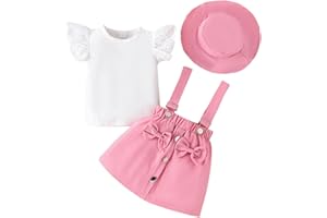 LUVCES Ensemble Bébé Fille Manches Courtes Côtelé à Volants Haut+ Bowknot Jupes à Bretelles Robe Salopette + Chapeau Elegant d'été Vêtements Set