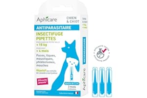 APHICARE - Pipette Antiparasitaire Petit Chien et Chiot (<15 kg, 4 Mois) - Antipuces et Anti-Tiques - 3x1,5 ML - Fabriqué en France