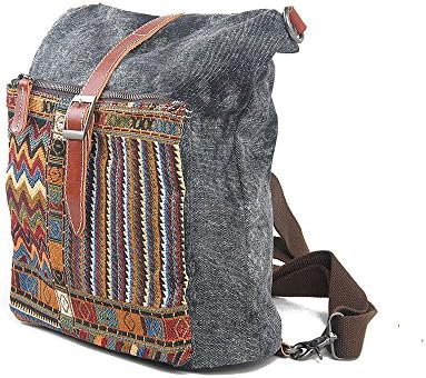 iVotre Ethnic Style Multifunctional Canvas Figuratus Slim Shoulder Bag CrossBody Backpack with Leather Decoration for Men&amp;Women to Study, Work, Travel, field - Grey