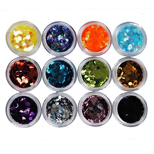 Fashion Gallery 12 Big Hexagon Glitter Nail Art Deco Kit Acrylic UV Powder Dust Deco Stamp