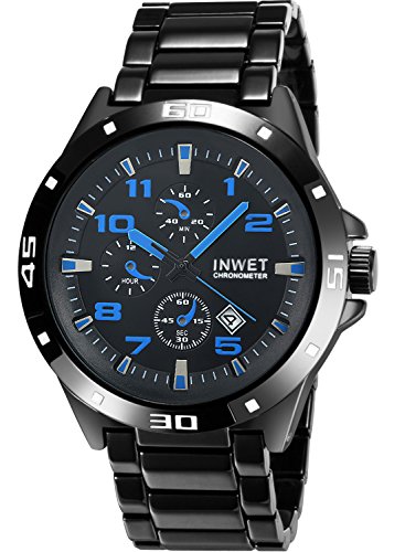 INWET Herren Uhr Analog Quarz mit Edelstahl Armband Schwarz