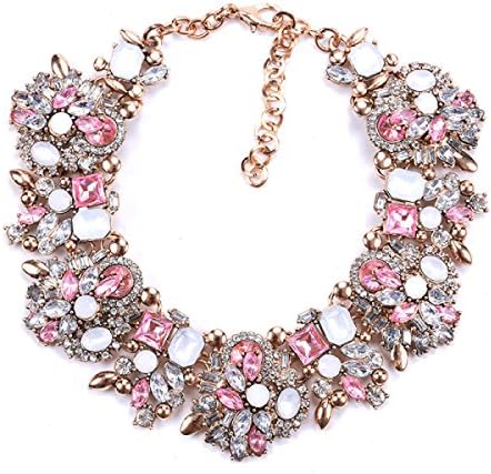 MSNHMU Charm Collar Jewelry Vintage Glass Crystal Cluster Chunky Statement Necklace For Women,Pink-L