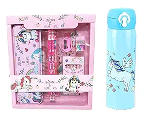 Sanjis Enterprises Combo of 2 Kids Cartoon Stationary Set for School Girls Boys - 1 Pencil case, 2Pencils and Hot and Cold Water Bottle-Birthday Diwali Gift (Unicorn_Sipper_PS)