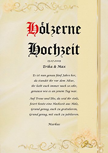 Hölzerne Hochzeit Urkunde persönliche Geschenk Karte zum 5. Hochzeitstag Pergament div. A4 Papier Motive - 6