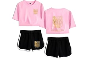 LKY STAR Anime Attack On Titan Cintura Alta Camiseta y Pantalones Cortos de Verano 2 Piezas Set para Mujeres/niñas