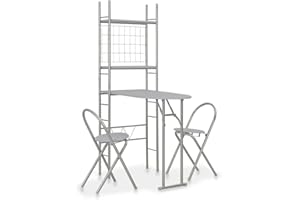 vidaXL Set da Pranzo Pieghevole con Scaffale 3 pz Robusto Moderno Versatile Bistrot Pub Tavolo e Sedie Cucina in MDF e Acciaio Grigio