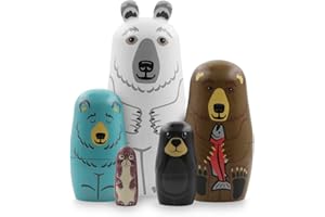 Boerni Ensemble de 5 Animaux en Bois Ours poupées de Nidification, Ours Polaire belette Lion de mer matriochka Russe poupées empilables Jouets pour Enfants Anniversaire fête de Noël Cadeau Home Decor