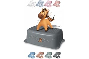 ‎DOCARI DOCARI Tritthocker Kinder Pferd Grau - Kindertritt Waschbecken stabil und rutschfest - Toilettenhocker Kinder Hocker Badezimmer - Kinderhocker Tritthocker für Kinder Tritt Hocker Kinder Bad