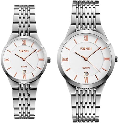LONGQI WATCH Simple Stainless Steel Straps Couple Wrist Watches with Waterproof Quartz Movement Calendar Clock Analog Watch
