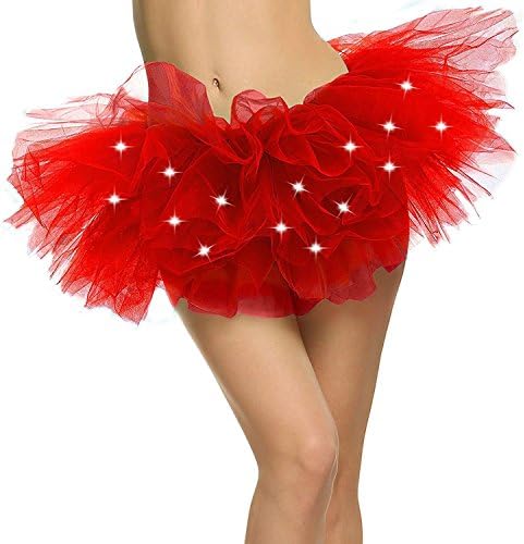 Caissen Women's Mini 5 Layered LED Light Up Tulle Tutu Skirt Costume Party Dance Wear Ball Gown Petticoat Red