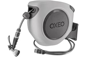 Oxeo - Dévidoir mural automatique 35m - Arrosage enrouleur automatique - Pivotement 180° - Pistolet 8 fonctions - Noir