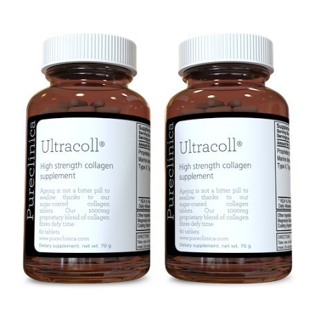 UltraColl collagène Marin 1000mg x 360 comprimés (2 bouteilles de 180 comprimés - 3 mois approvisionnement). Le seulement patentée anti-age collagène types I, II, III, et VII. SKU: UC3x2
