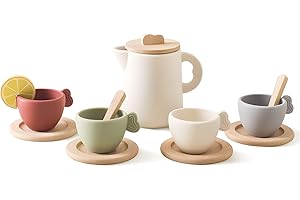 RZMZBY Service à Thé Jouet en Silicone et Bois, Dînette pour Enfants, Accessoires de Cuisine, Jeux de Rôle, Anniversaire Cadeau pour Enfant Filles Garçons 3 4 5 Ans