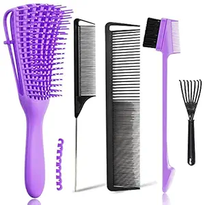 5 Pieces Detangling Brush With Rat Tail Comb And Edge Brush for Black Natural Hair, EZ Detangler Brush Set for Curly, Straight, Thick, Wet or Dry Hair, Available for Women, Men, Kids (Purple + Black)