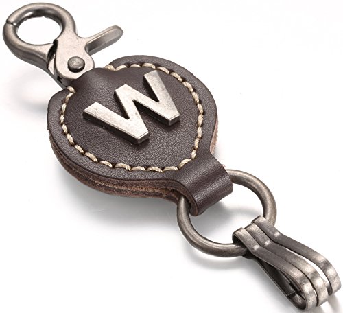 Brown Leather Single Letter Monogram Keychain with Easy Clasp Key
