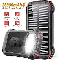 Chargeur Solaire 26800mAh Batterie Externe Portable QI Power Bank sans Fil avec 4 Ports 3.1A USB&1 Type C Haute Vitesse, Lampe 18 LED(SOS Mode) et Crochet pour iPhone Smartphone