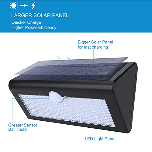 Websun Solar Motion Sensor Licht Solar-Sicherheits-Licht 48 LED Wasserdicht Wireless mit 3 Intelligent Modi Lampe Weiß für Nacht/Tag Automatische on/off für Terrasse Deck Hof Einfahrt (1 pcs , Schwarz) - 3