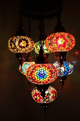 Multicolor Handmade Turkish Moroccan Style Mosaic Hanging Lamp Chandelier with 7 Large Size Globes