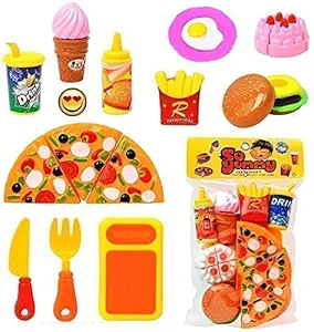 SEE, Plastic Pizza Cutting, Kitchen Toys for Kids, Realistic Sliceable Cutting Fast Food Kitchen Set Toy with Various Items Like Pizza, Burger, & Many More, Knife, Spoon, Fork for Kids,Multi Color.