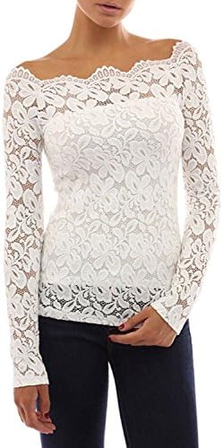 Tkiamess Summer Women Sexy Off the Shoulder Lace Tops Long Sleeve T-Shirt Blouse (XS, White)