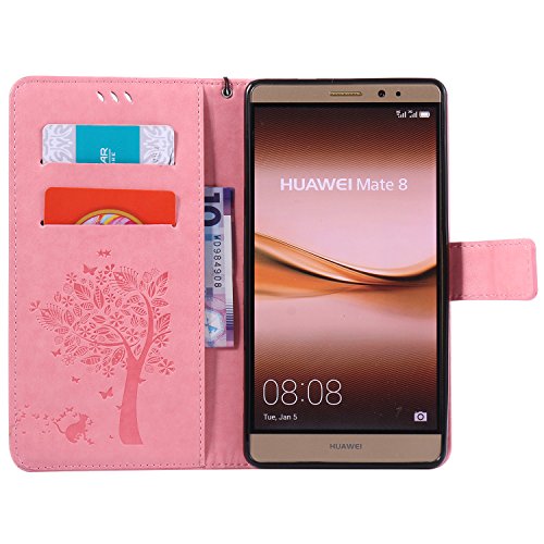 Cozy Hut [Huawei Mate 8 Premium Lederhülle] im Bookstyle Portmonee Tasche Leder Etui Flip Wallet Case Cover mit Katzen und Baum Prägung Muster Handyhülle,Leder Brieftasche Case Hülle mit Standfunktion Kartenfächer für Huawei Mate 8 – rosa - 3