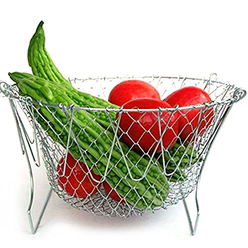 nhsunray New faltbar Edelstahl Dampf Spülen Zugentlastung Fry Kochen Chef Basket Mesh Net Sieb Sieb Küche Werkzeug waschbar Spülmaschinenfest - 4