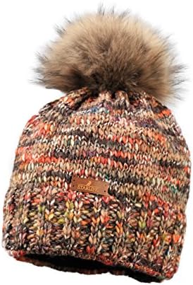 Starling Pavone Beanie Faux Fur Fleece Lined Bobble Hat Orange Multi