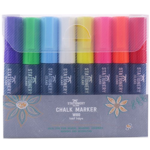 Stationery Island Kreidemarker Keilspitze 8 mm – 8 Stück farbig sortiert – Grauer Stiftschaft – Feucht Abwischbar - 2