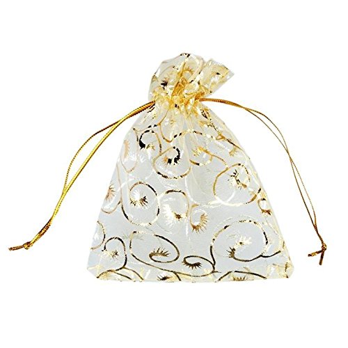 Danyoun 100PCS/set Gold Line Drawstring Sheer Organza Jewelry Pouches, Party Wedding Favor Gifts Bags, Luxury Jewelry Candy Gift Bags, Champagne Eyelash Pattern Drawstring Pouches