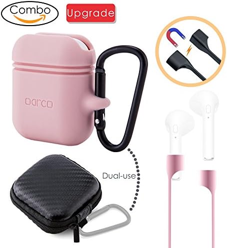 Oarco 1x Premium Quality Sport Shock Resistant Silicone Case for Apple AirPods+1x Strap with Magnetic Adsorption+1x Shockproof Carring EVA Case with Carabiner, Airpods Skin Cover Protective, Pink