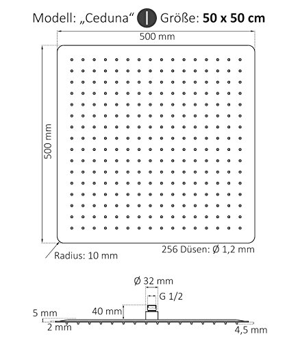 Zelsius – Moderne Edelstahl Regendusche, Duschkopf mit Anti-Kalk Düsen, verschiedene Formen und Größen (Modell: Ceduna (quadratisch), 50 cm) - 2