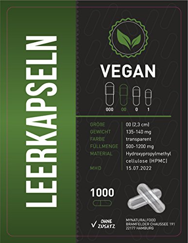1000 Empty Capsules | Size 00 | HPMC Vegan Capsules caps | Connected Capsule Halves with Large Filling Quantity Transparent Vegetarian | Halal Kosher Supplements (1000)