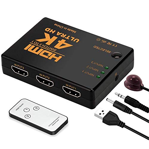 Conmutador HDMI 4K, Neefeaer 3 Puertos HDMI Switcher Splitter Soporte 4K @ 30Hz / 2K / 1080P / 3D con Control Remoto por Infrarrojos 3 entradas 1 Salida