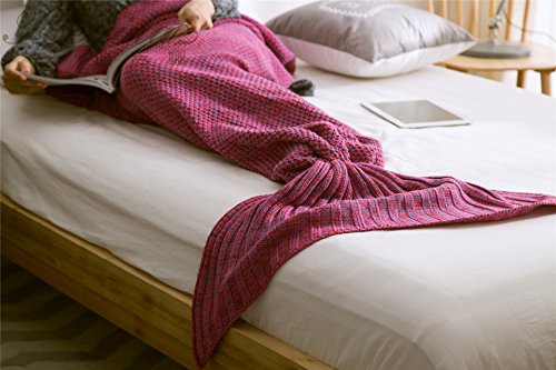 KiKi Monkey Multi-Größe handgemachte gestrickte Mermaid Schwanz-Decken-Sofa Schlafsäcke All Seasons für Erwachsene Kinder (M, DEEP RED)