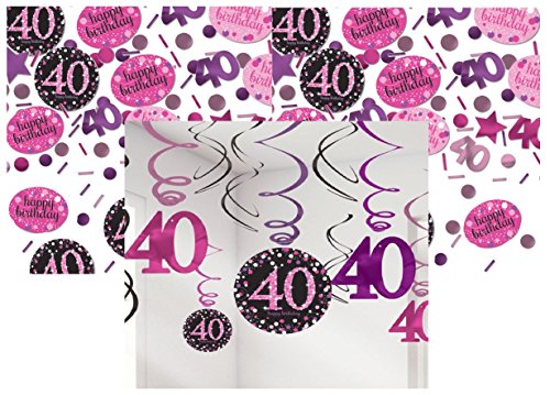 FesteFeiern® 12x Deckenhänger Swirl und Tischkonfetti zum 40 ten Geburtstag in pink schwarz rosa silber 40. birthday