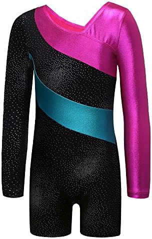 ZNYUN One-piece Long Sleeve Sparkle Dancing Athletic Leotard Biketard for Little Girl Black 150