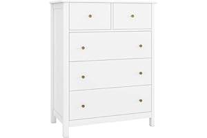 HOCSOK Chest of Drawers, 5 Drawer with Metal Handles and Runners, Wooden Bedroom Storage Cabinet Unit, Cream White, 74x40x97cm